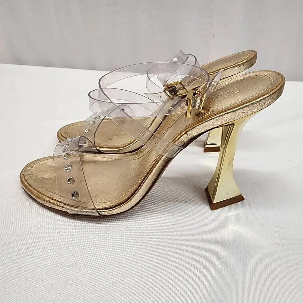 Schutz Size 5 B Glasy Gold Metallic Transparent Heel Sandals M